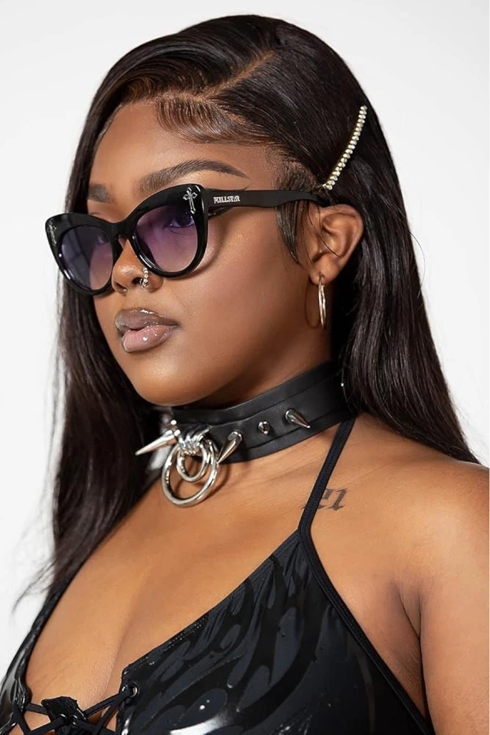 KILLSTAR Black Cat-Eye Sunglasses with Cross Embellishments