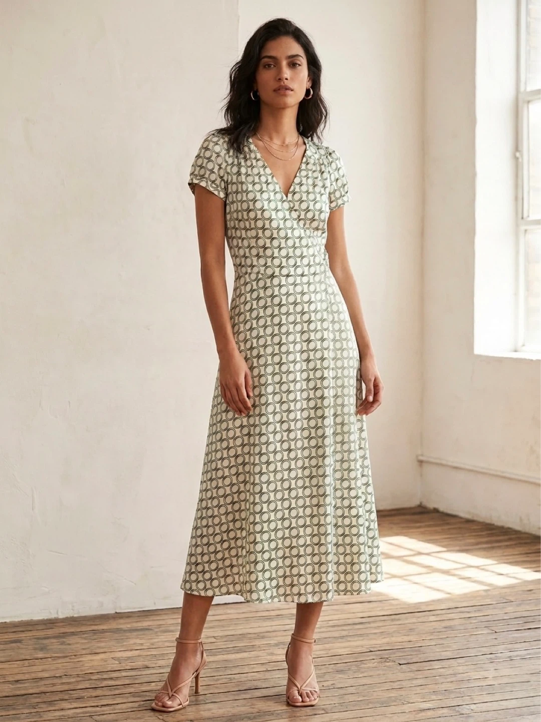 Zara Green and White Patterned Dress - Size S
