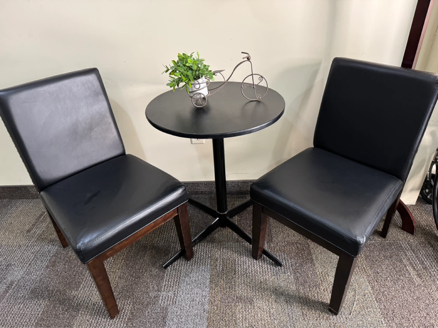 2 Black Faux Leather Chair with Nailhead Trim and Table
