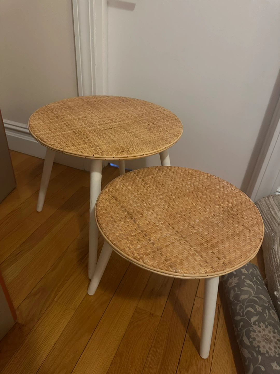 Set of 2 Round Woven Top Side Tables