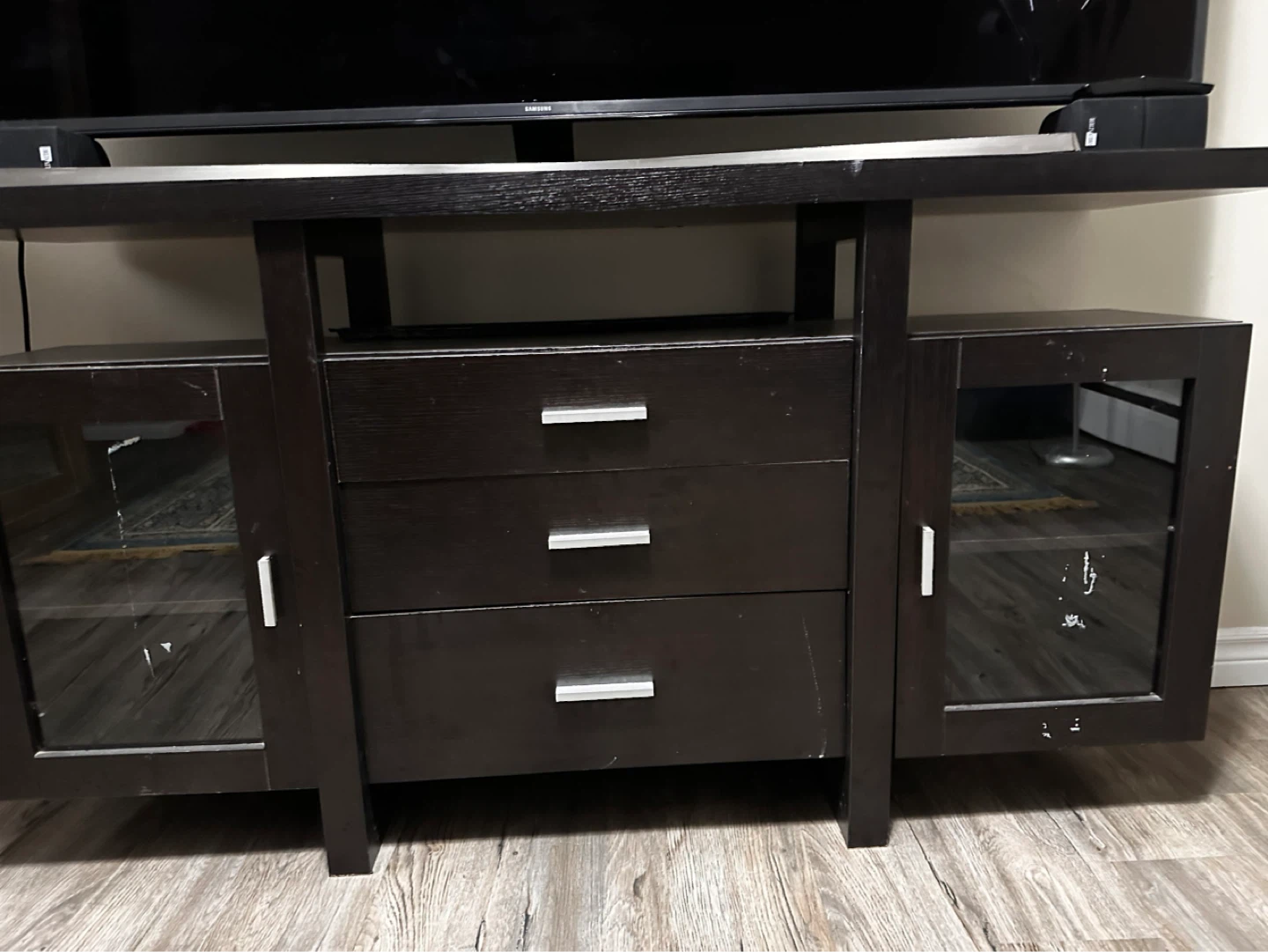 Dark Brown TV Stand with Drawers and Cabinets