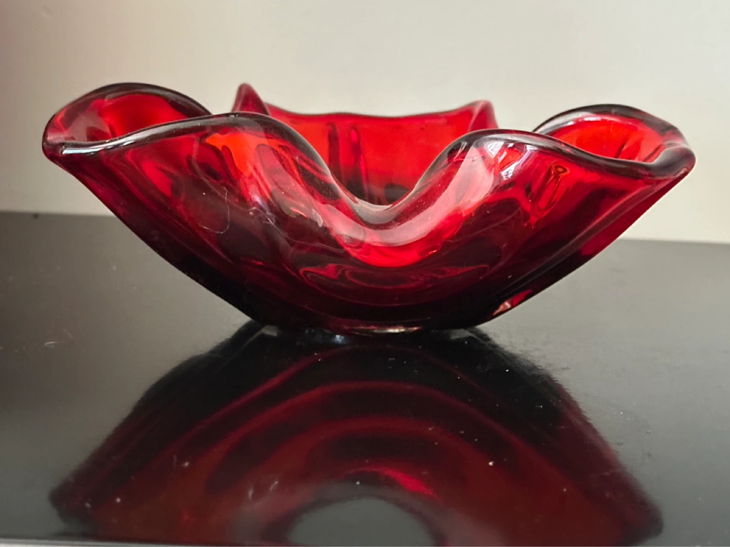 Mid Century Red Art Glass Ashtray