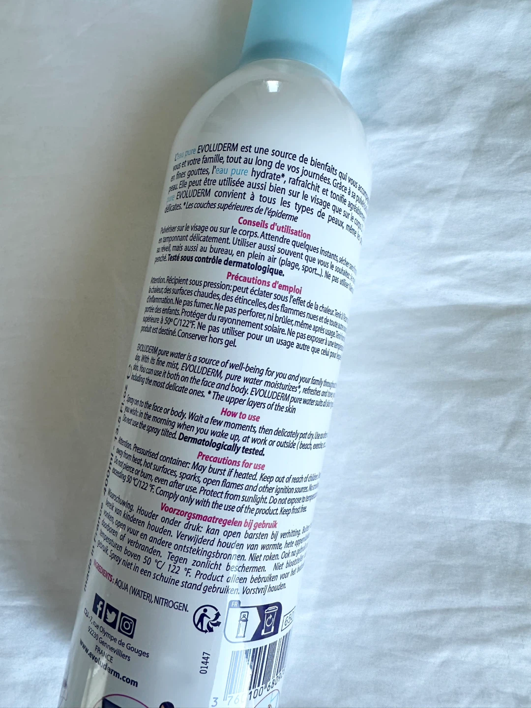 ⚽️ 🆕 Evoluderm Paris Pure Water Atomiser Spray 400ml - photo 4