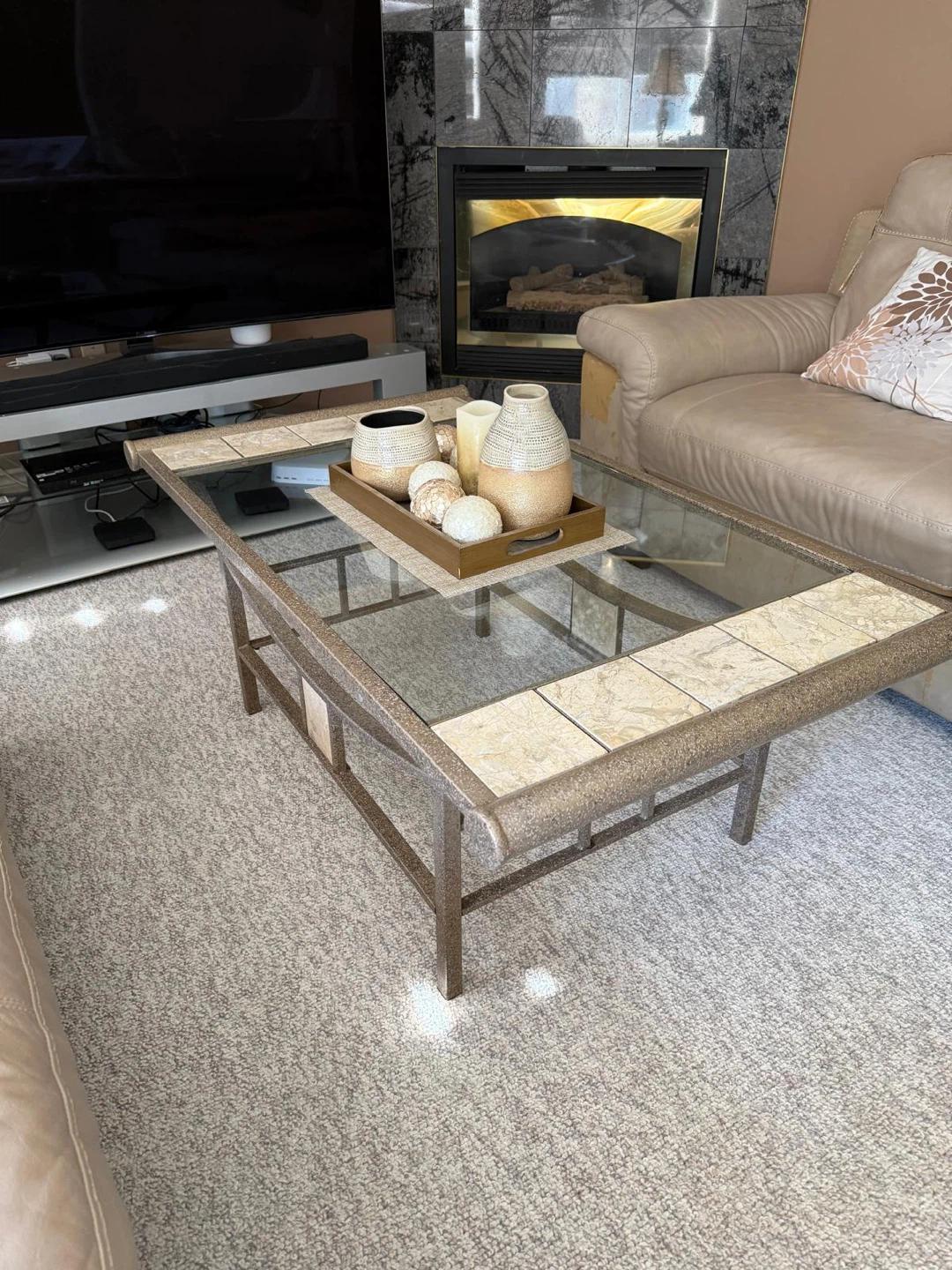 Metal Frame Coffee Table with Tile and Glass Top