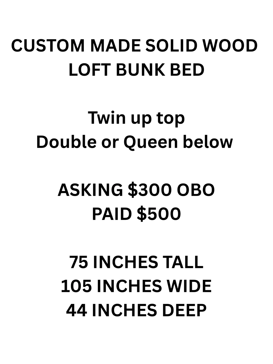 Custom Solid Wood Loft Bunk Bed - Twin Top, Double/Queen Bottom - photo 2