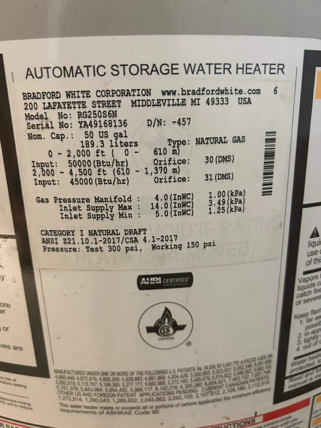 Bradford White Defender 50 US Gallon Natural Gas Water Heater - photo 3