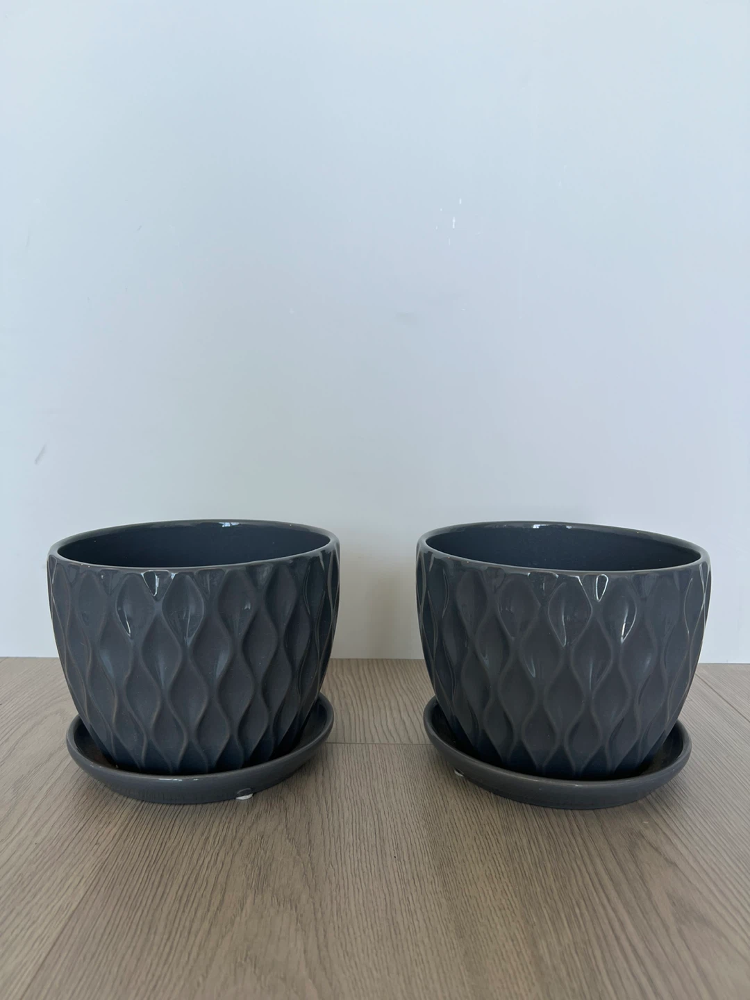 Pair of Grey Textured Ceramic Planters with Saucers