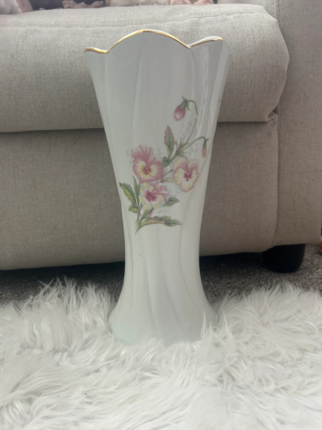 White Ceramic Vase with Pink Floral Design