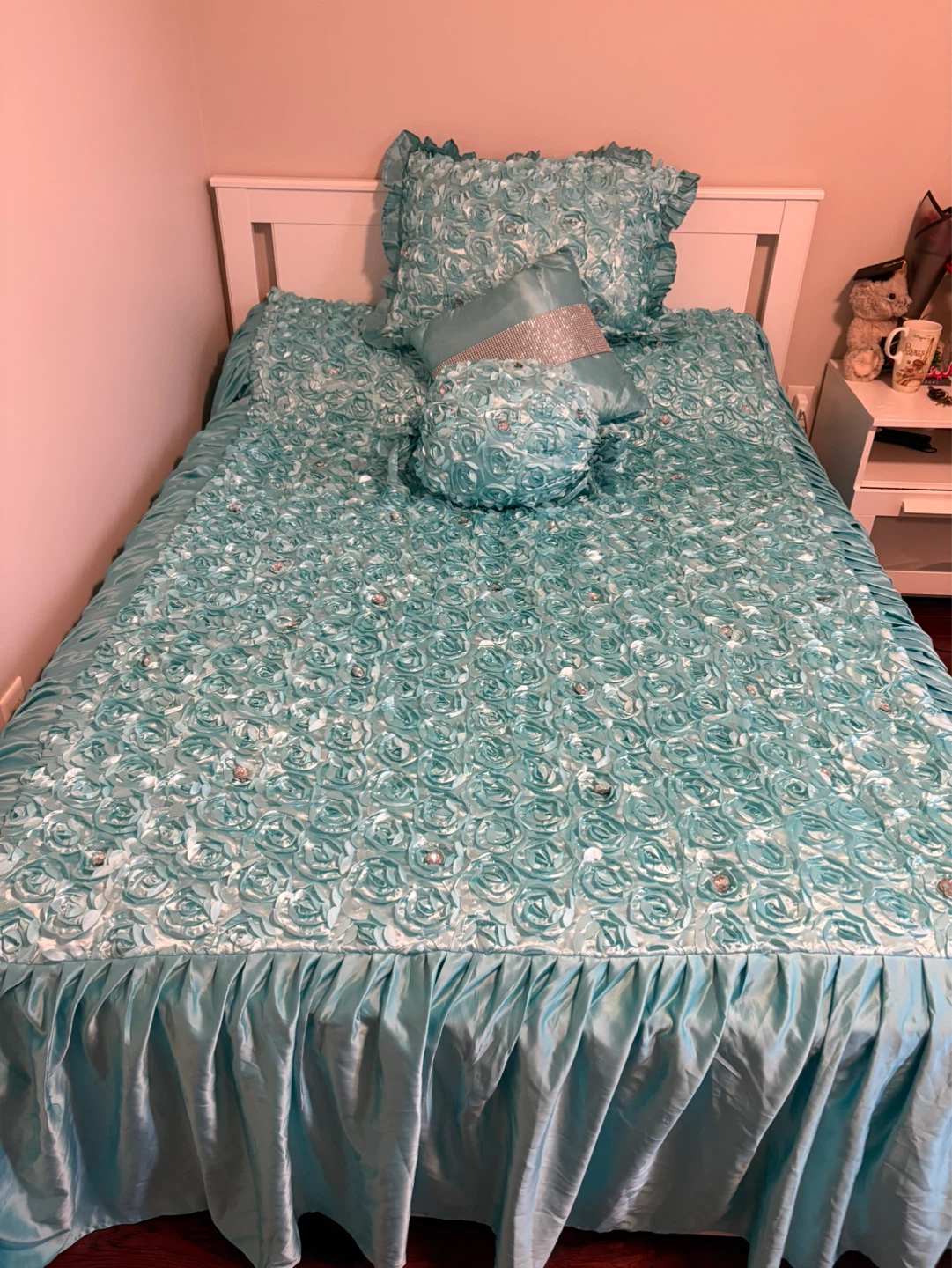 Queen Size Teal Bedding Set with Rosette and Rhinestone Accents