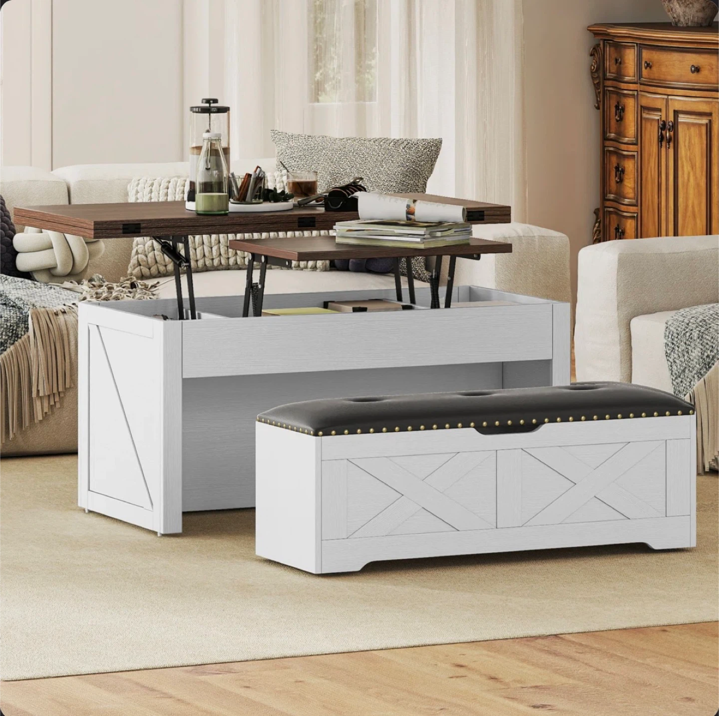 Lift Top Coffee Table with Bench 4 in 1 Dinning Table - photo 4