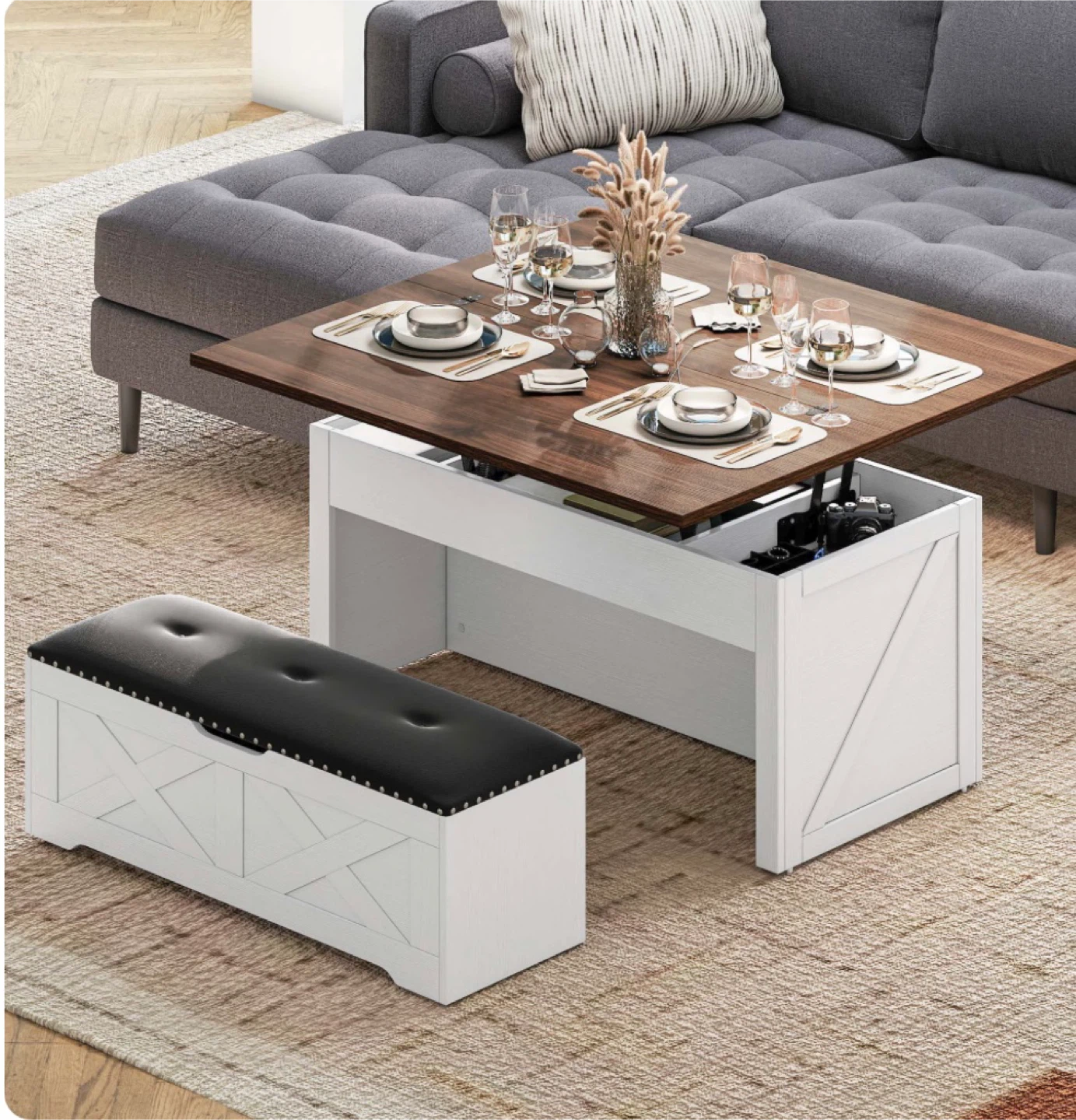 Lift Top Coffee Table with Bench 4 in 1 Dinning Table