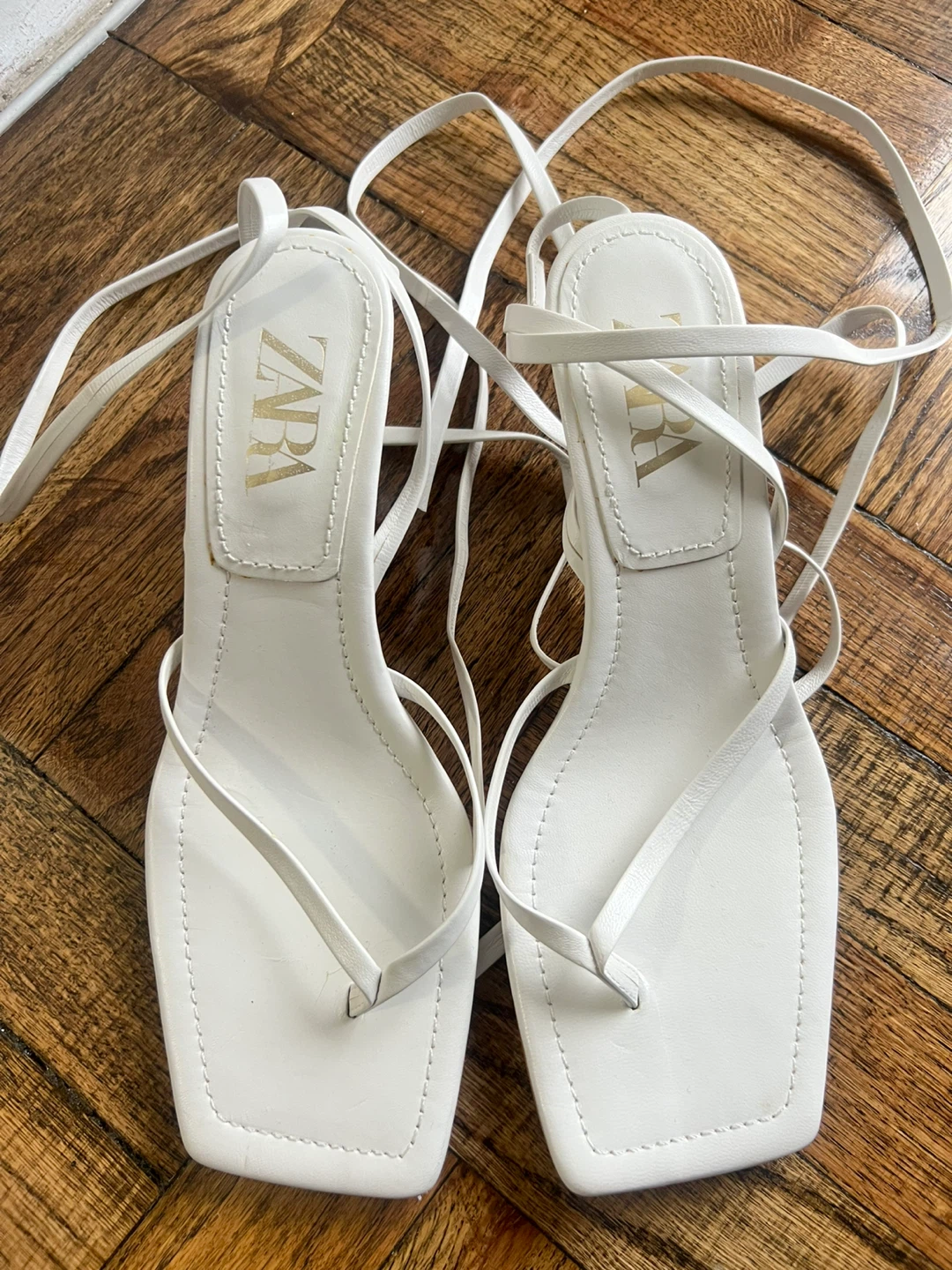 ZARA White Lace-Up Kitten Heel Sandals