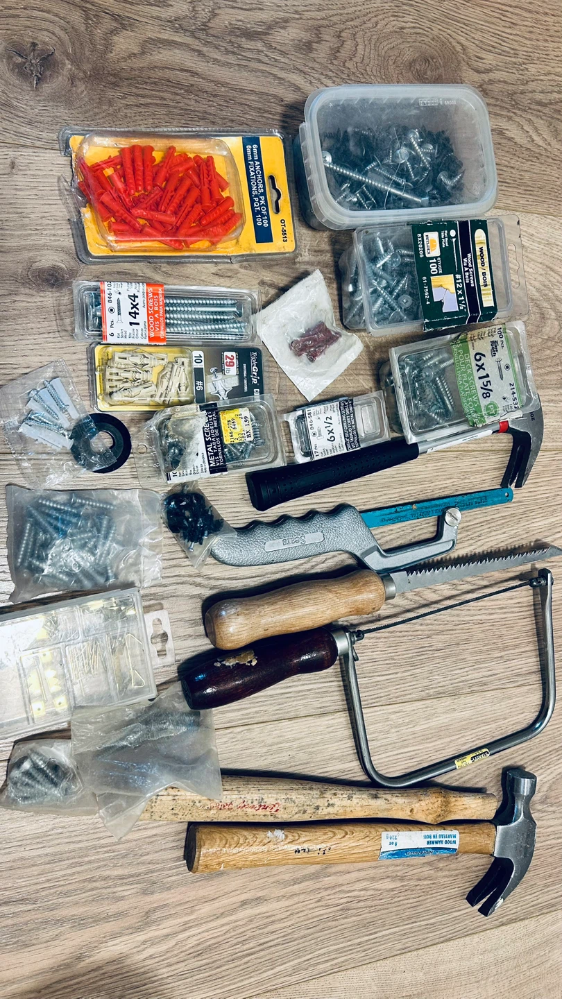 Hand Tools & Hardware Lot – Hammer, Saws, Screws