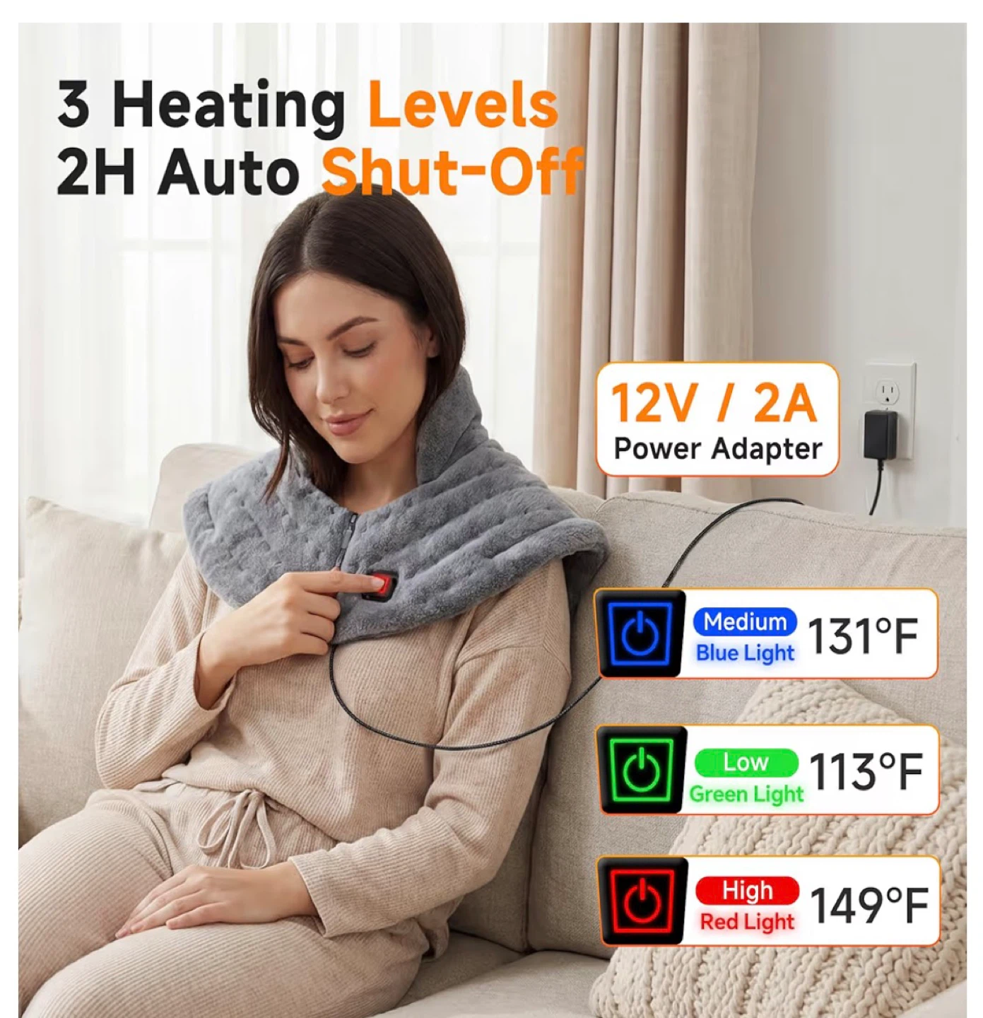 Grey Heated Neck Wrap - 3 Heating Levels, Auto Shut-Off