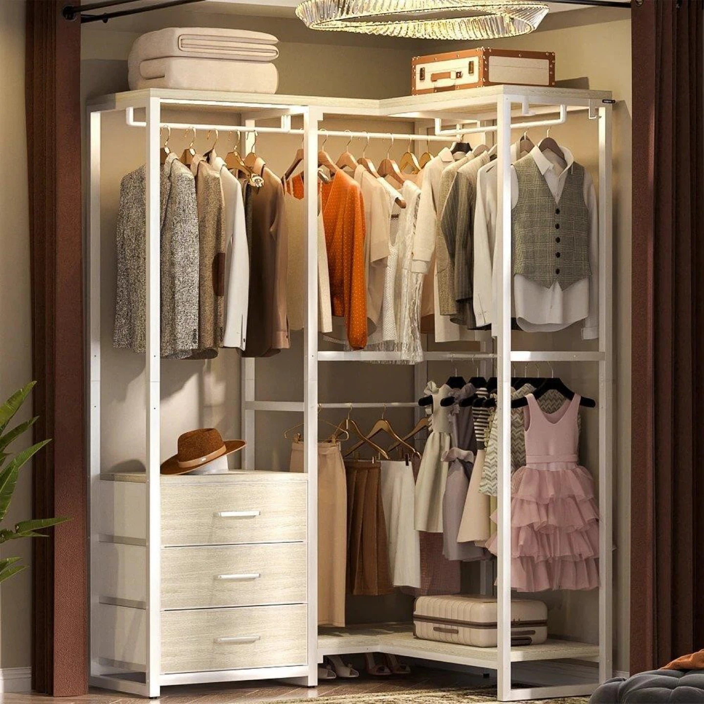 White Metal Clothing Rack with Shelves and Drawers