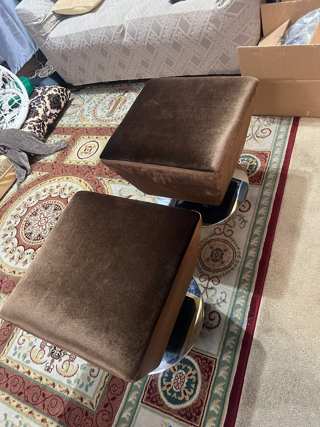 Pair of Brown Velvet Swivel Ottomans - photo 3