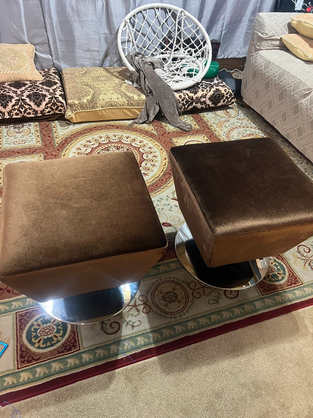 Pair of Brown Velvet Swivel Ottomans