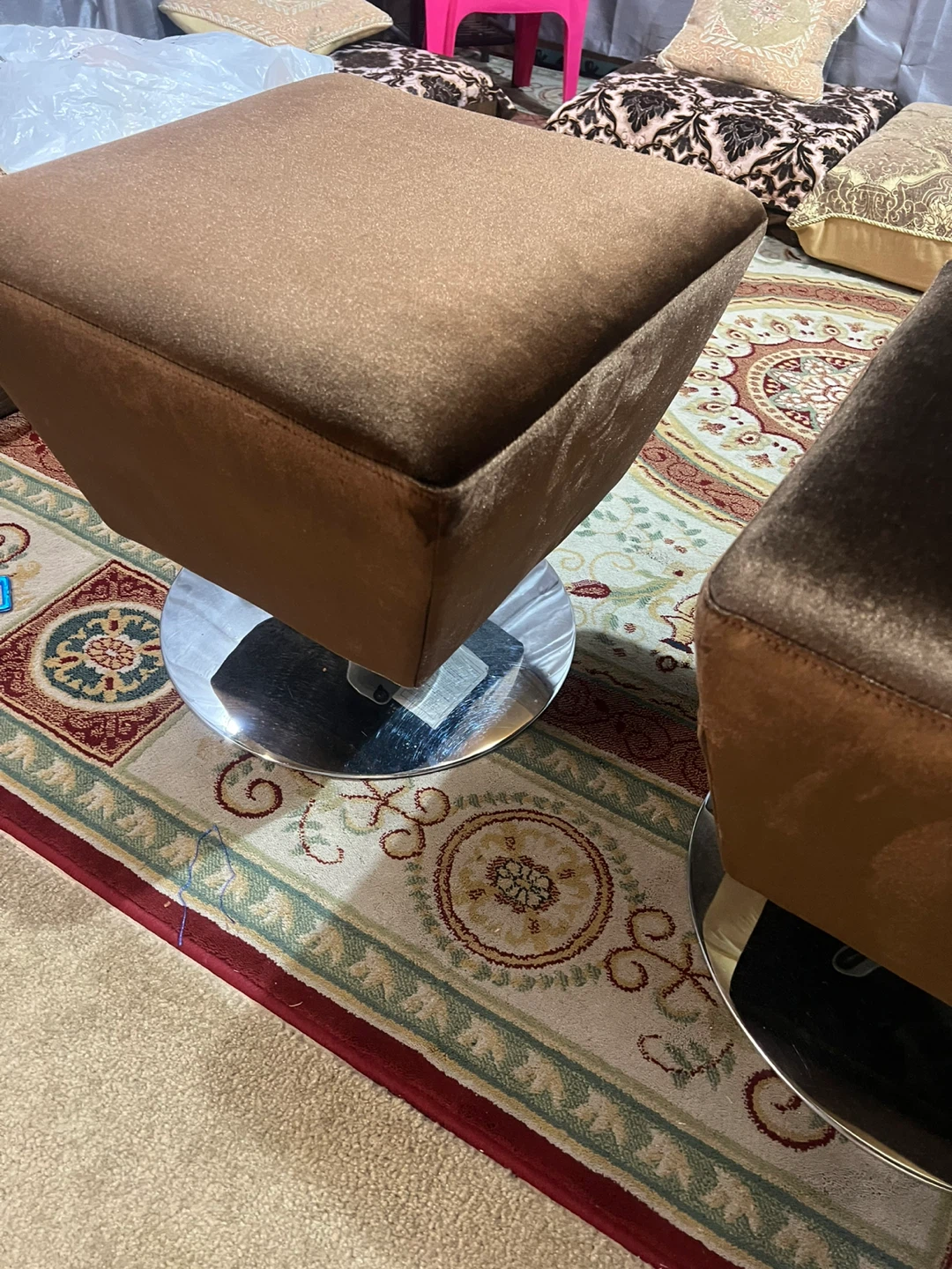 Pair of Brown Velvet Swivel Ottomans - photo 2