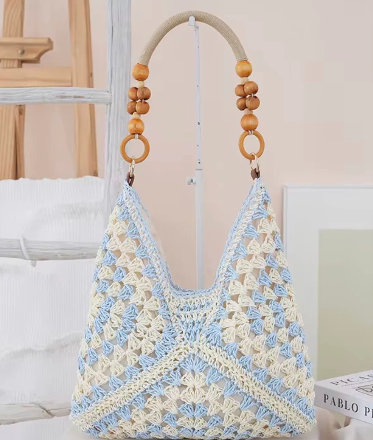 Crocheted Shoulder Bag with Wooden Beads