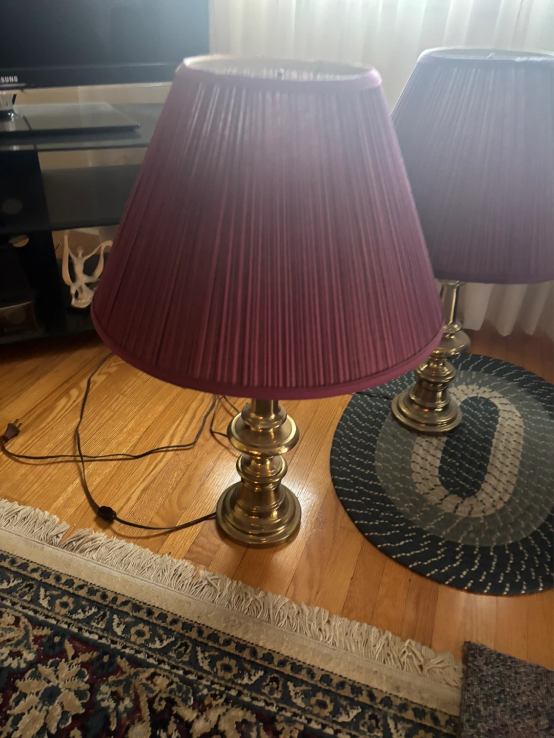 Pair of Brass Table Lamps with Purple Pleated Shades - photo 2