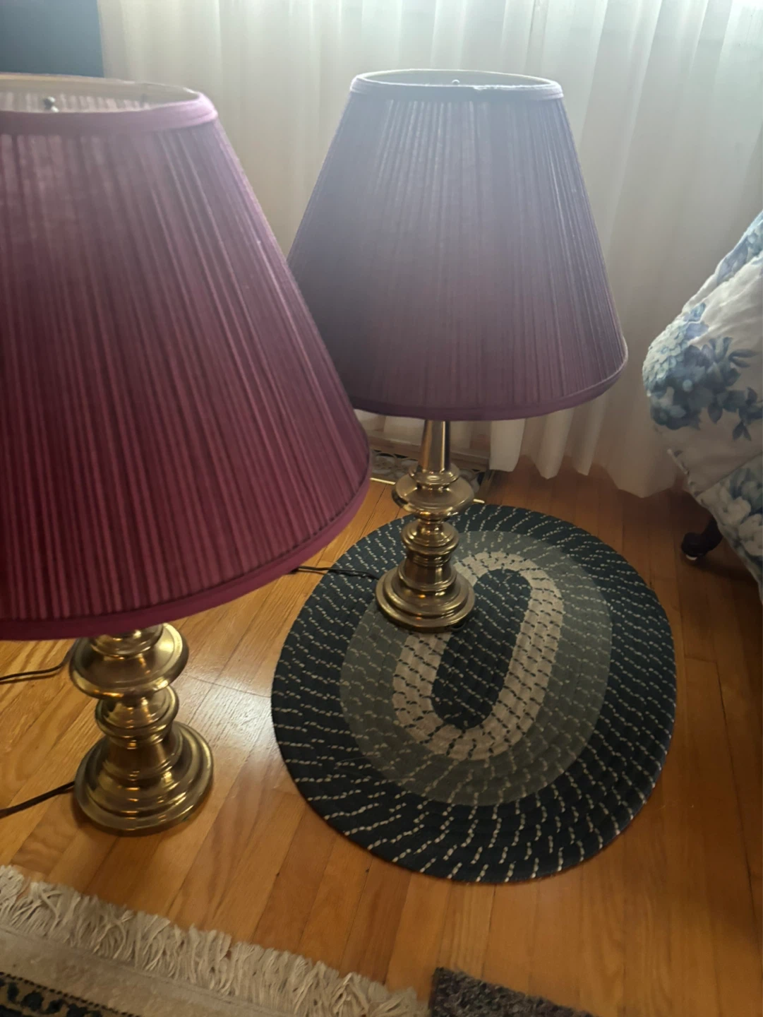 Pair of Brass Table Lamps with Purple Pleated Shades