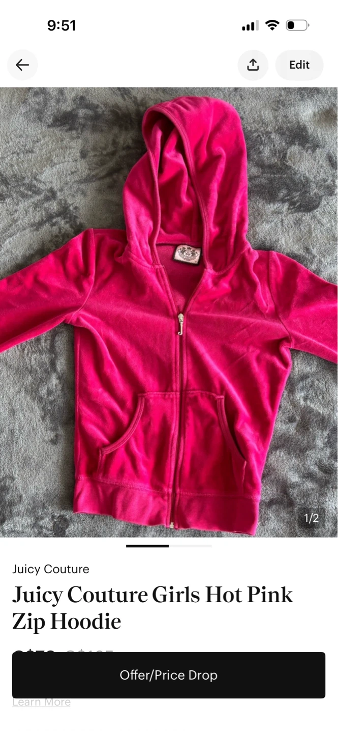 Juicy Couture Girls Hot Pink Velour Zip Hoodie