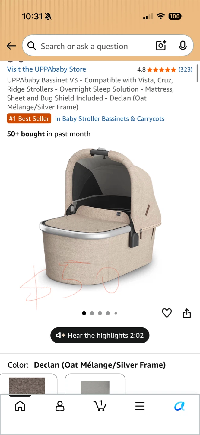UPPAbaby Bassinet V3 - Declan (Oat Mélange/Silver Frame)