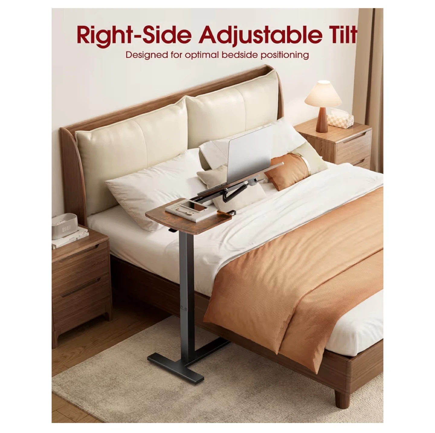 Overbed Bedside Table with Wheels (Brown)
