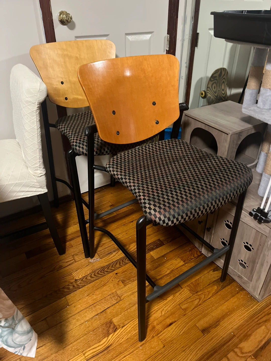 Pair of Bar Stools - Wood Back & Patterned Seat