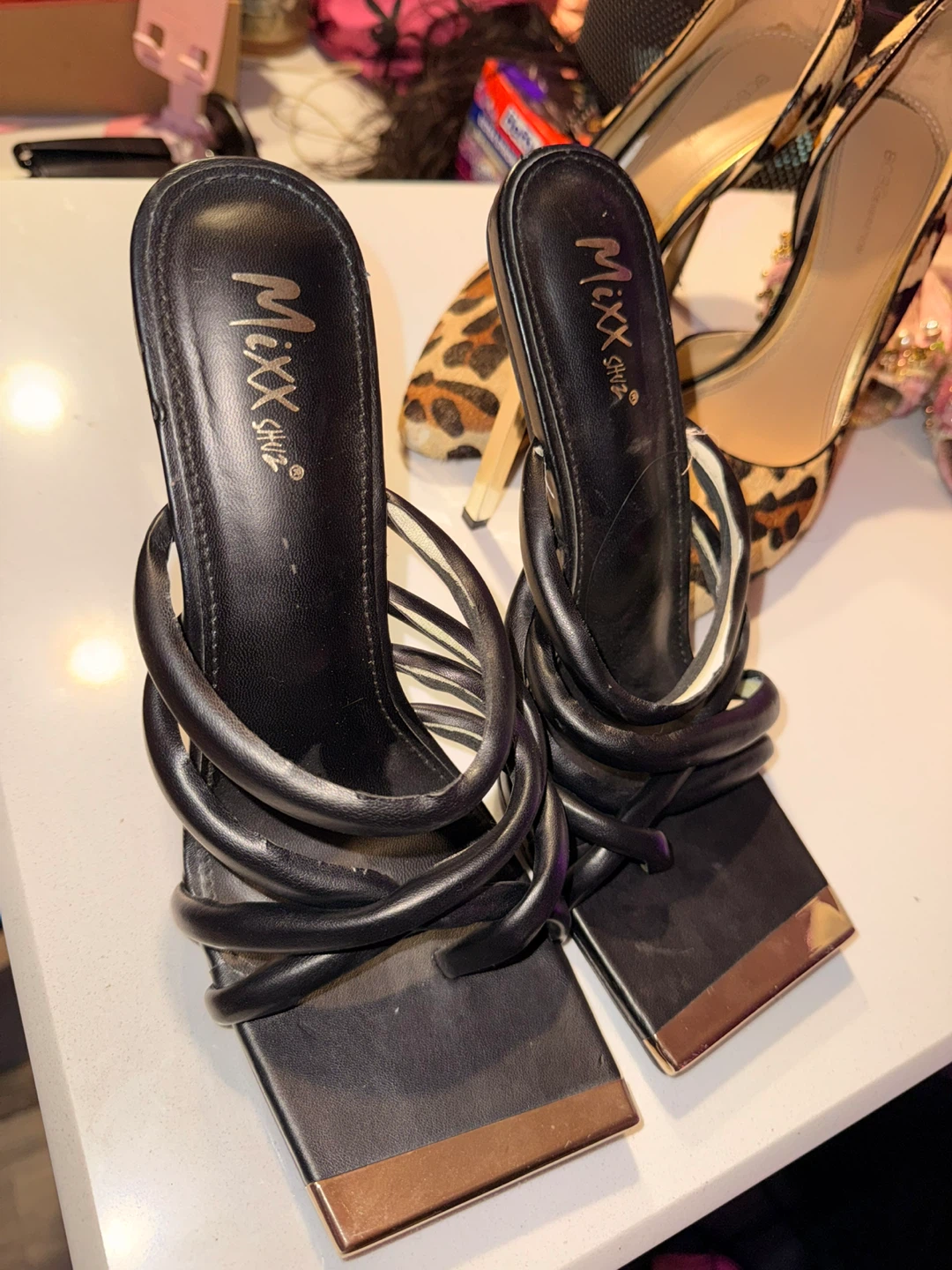 Mixx Shoes Black Strappy Square Toe Heels