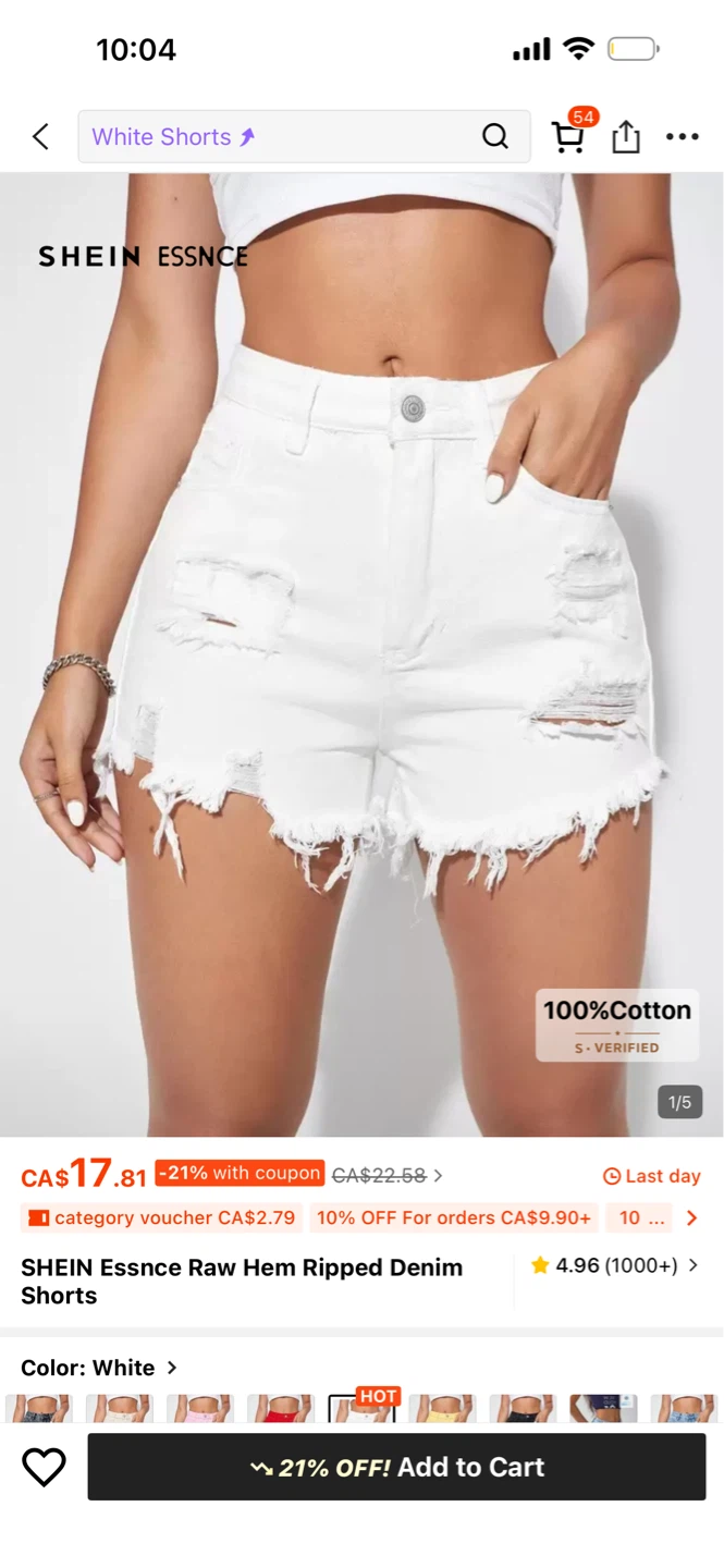 NEW Size L SHEIN Essnce White Raw Hem Ripped Denim Shorts
