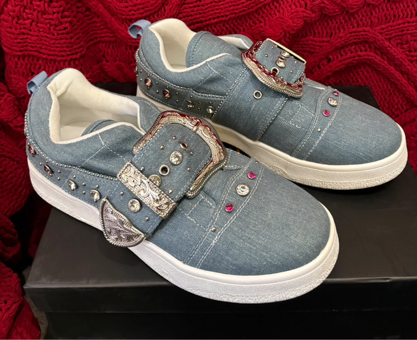 Embellished Denim Slip-On Sneakers