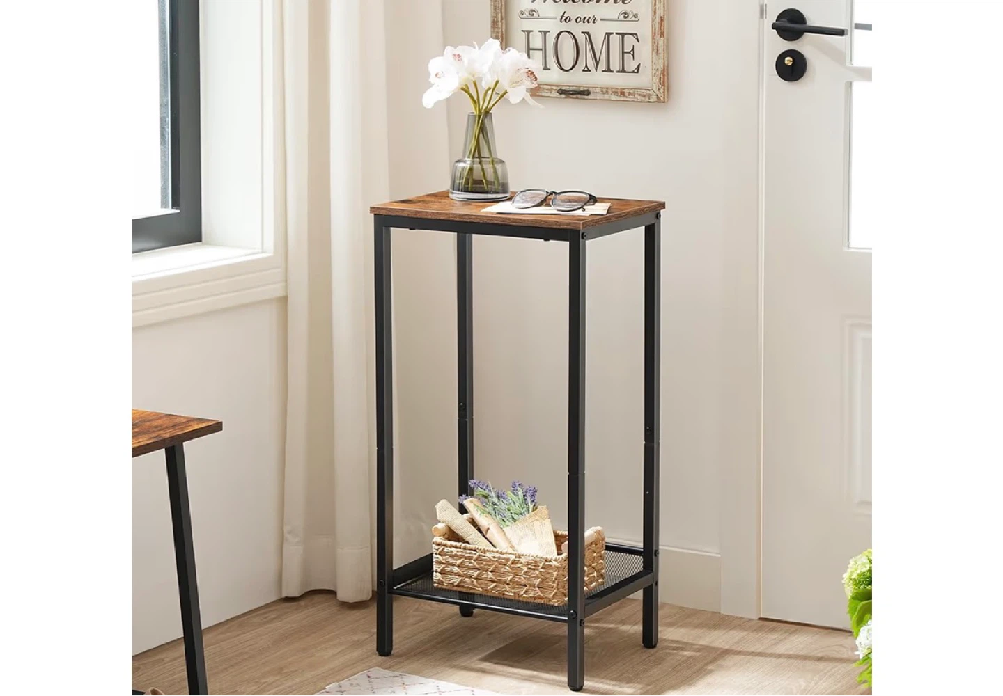 Tall narrow side table with metal mesh shelf - photo 4
