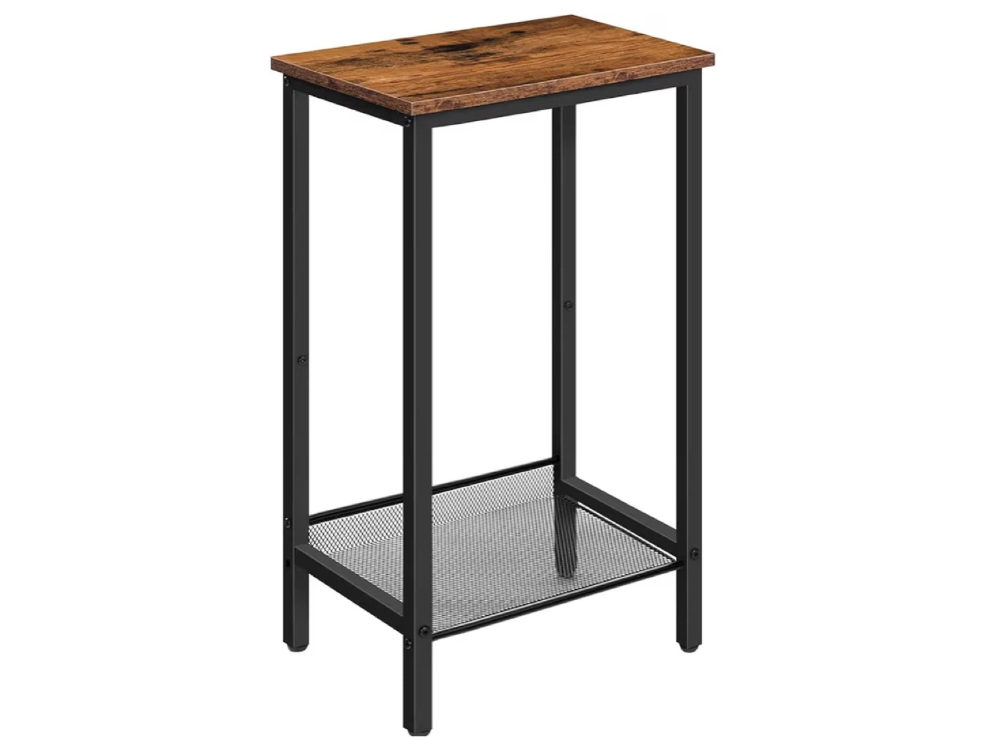 Tall narrow side table with metal mesh shelf