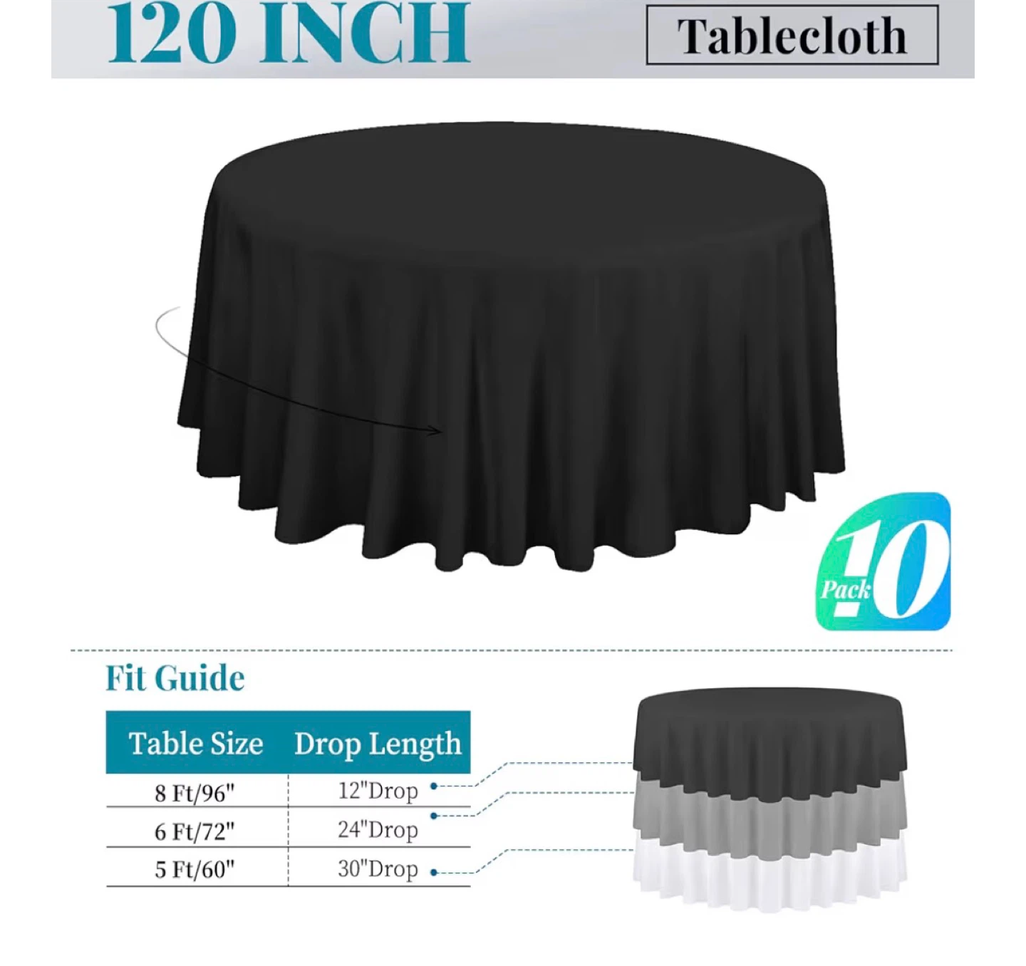 10 Pack 120 Inch Round Black Polyester Tablecloths - photo 3