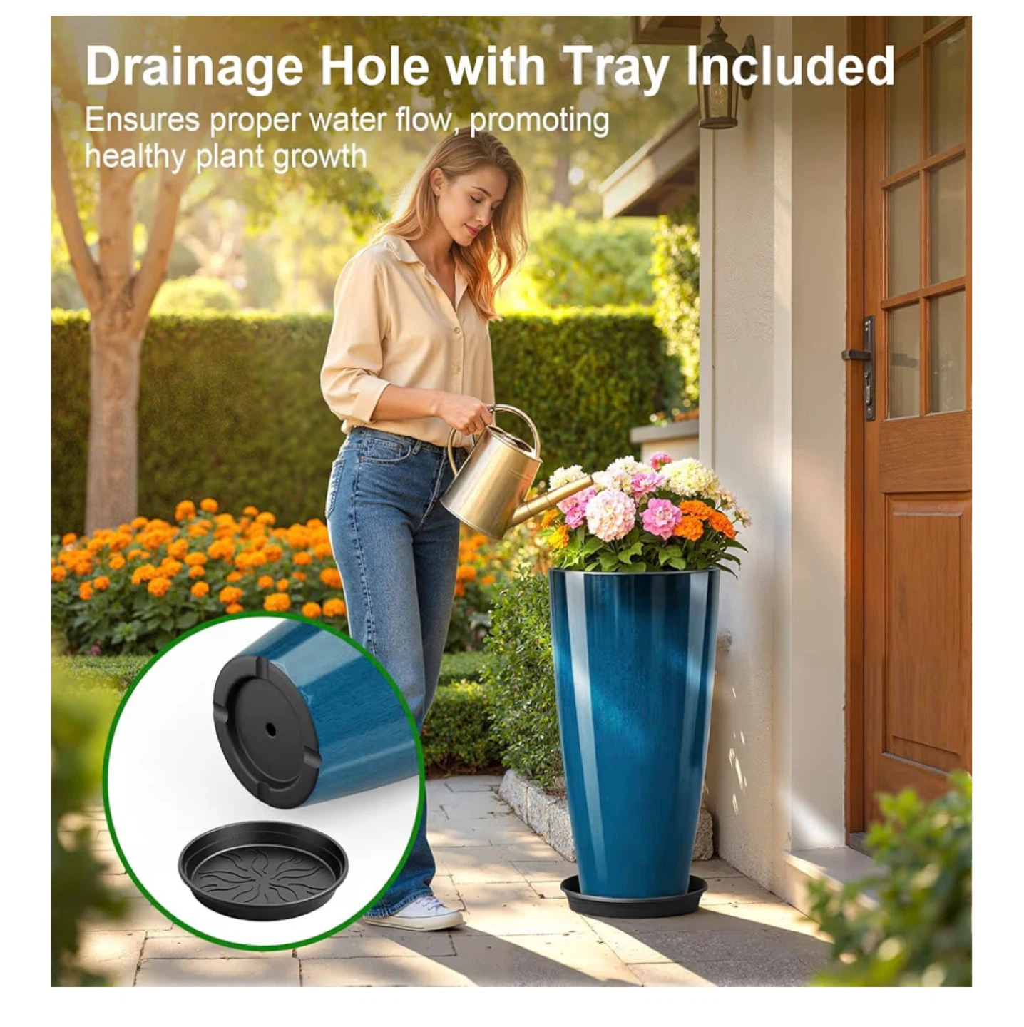 Tall Blue Decorative Planter with Tray - photo 4