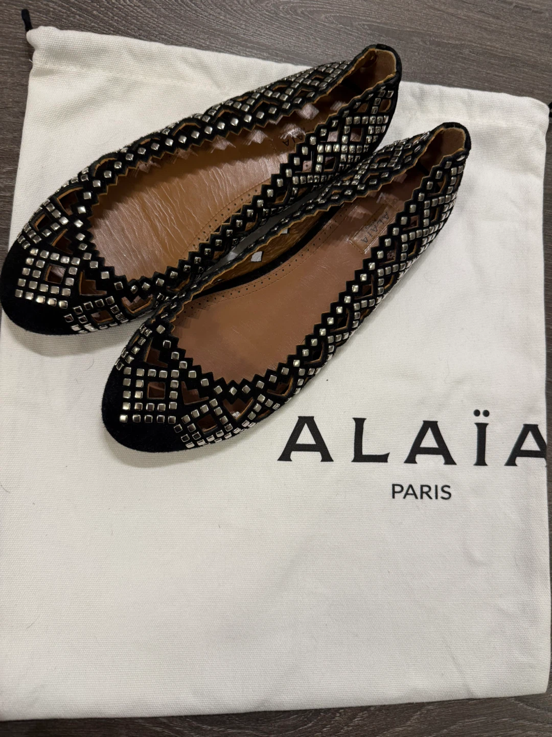 Alaïa Paris Black Suede 37 Laser-Cut Studded Ballet Flats