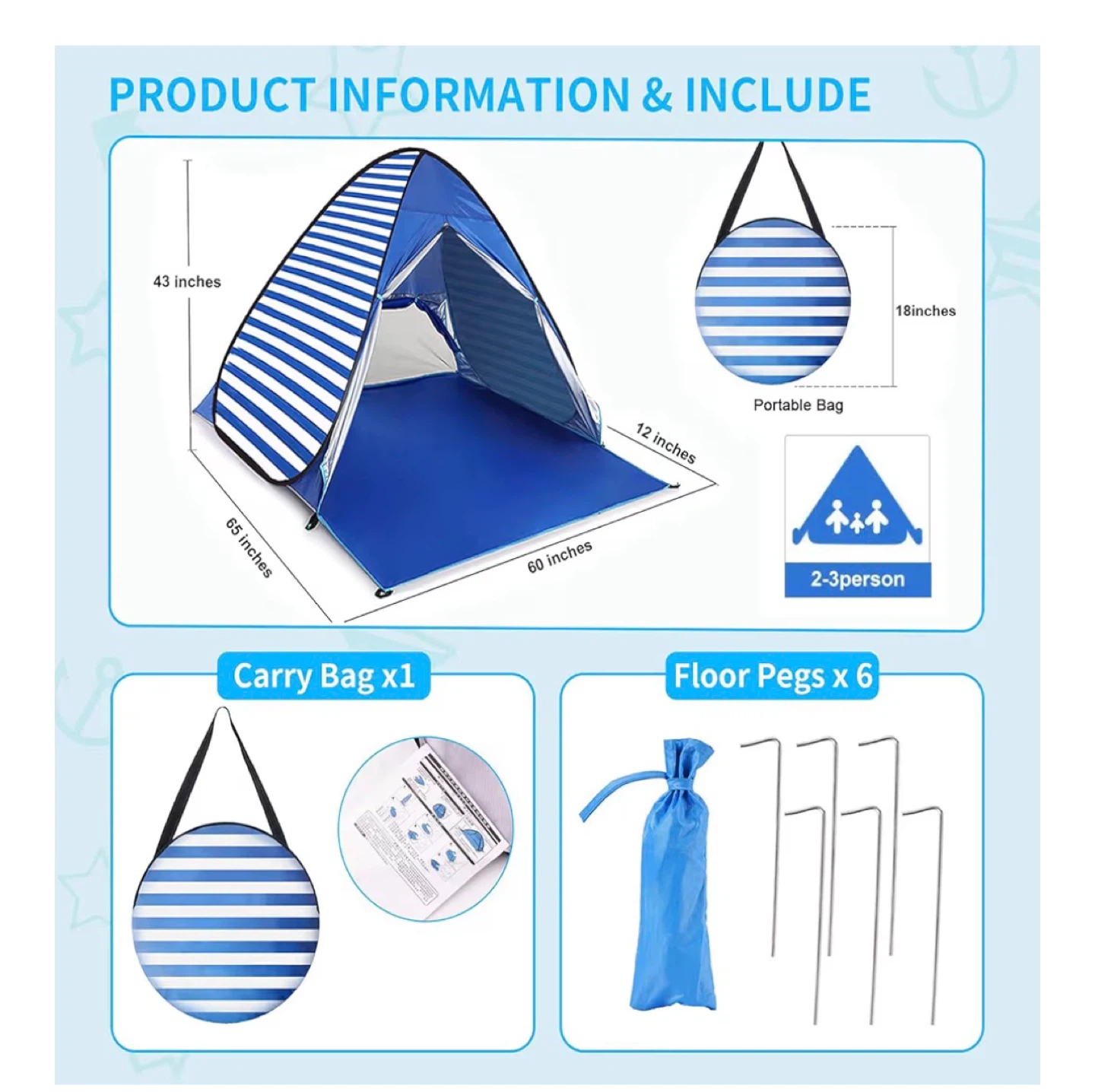 Blue Pop-Up Beach Tent Sun Shelter UPF 50+ - photo 2