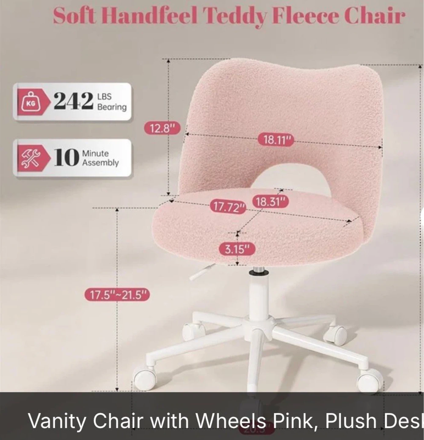Pink Vanity Chair with Wheels - photo 3