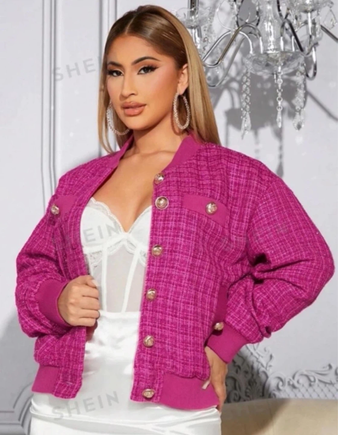 SHEIN Pink Tweed Bomber Jacket ⚽️