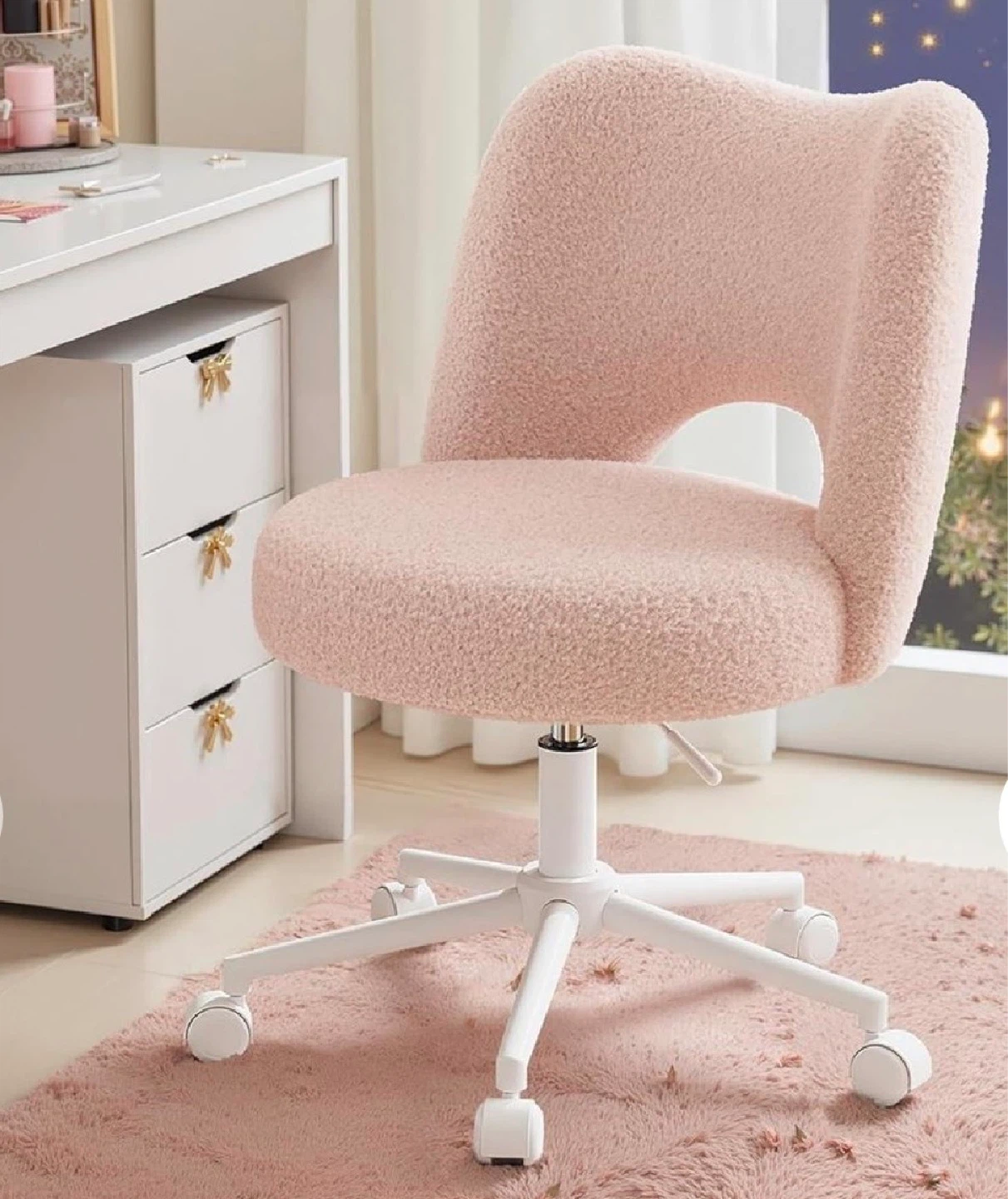 Pink Teddy Fleece Vanity Chair with Wheels