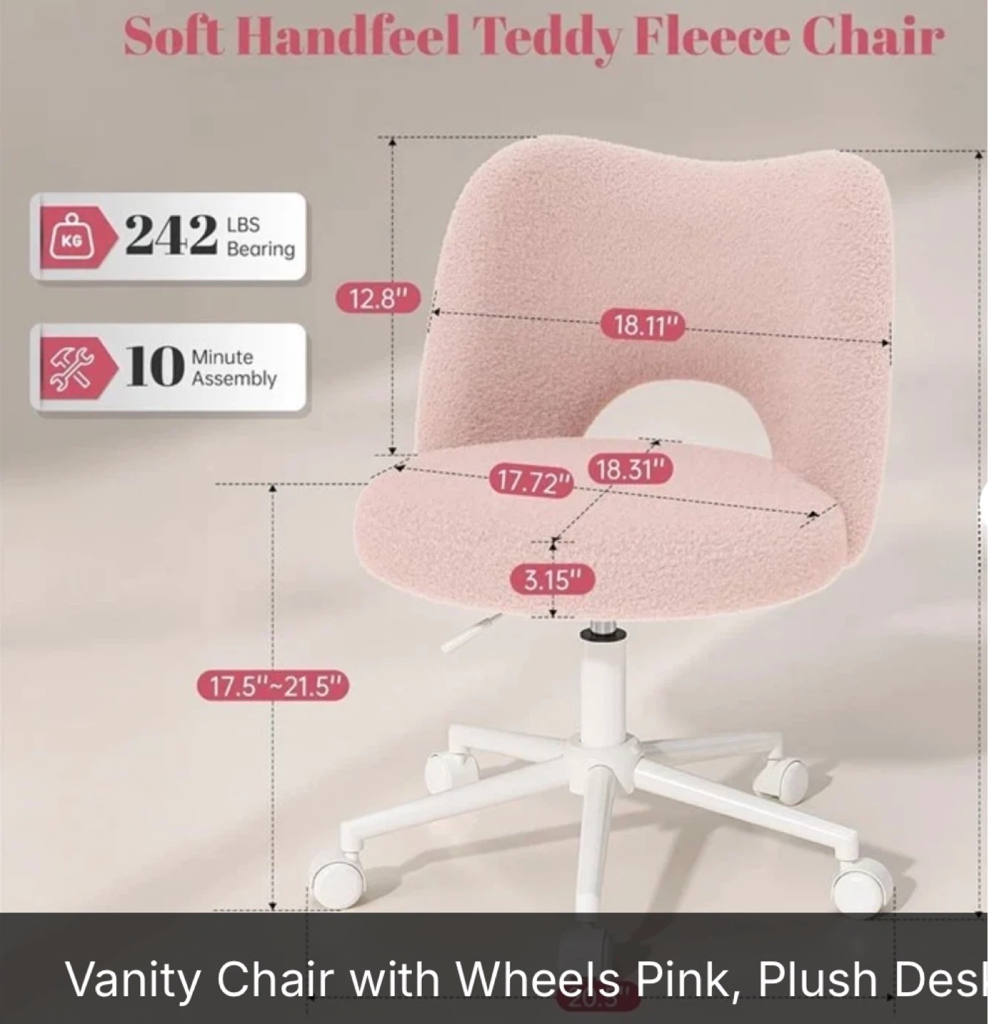 Pink Teddy Fleece Vanity Chair with Wheels - photo 2