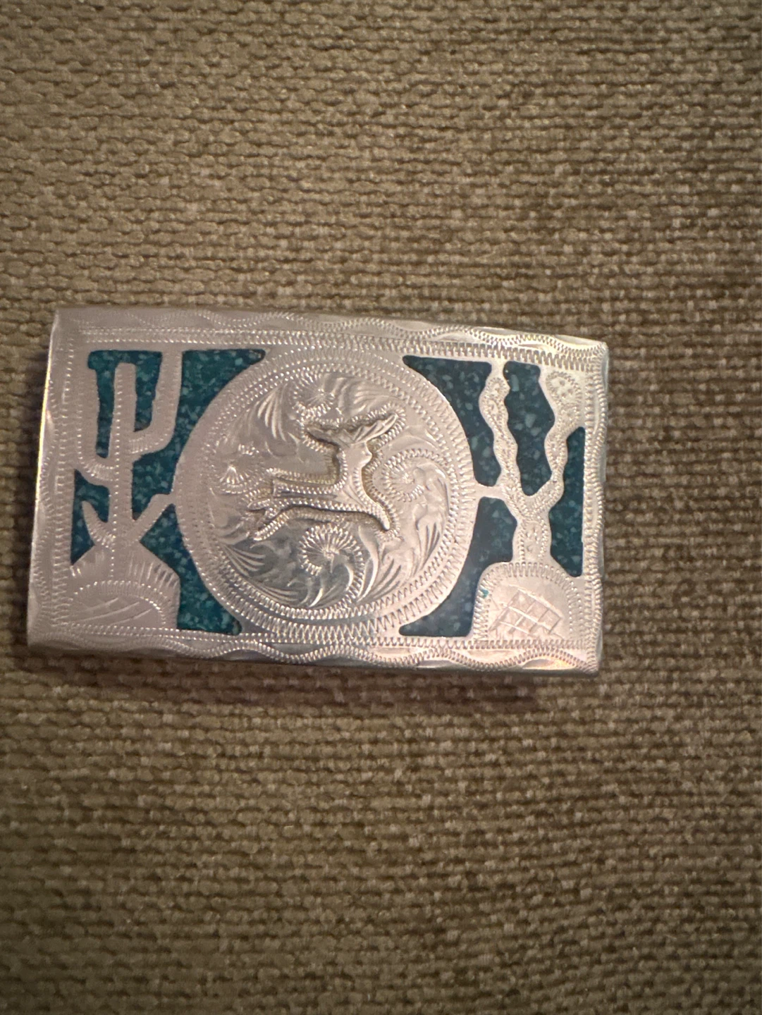 ⚽️Western silver Buckle with Turquoise and Deer Design