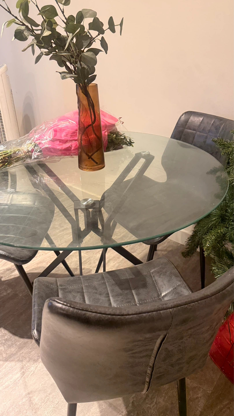 Glass Dining Table with 3 Grey Chairs