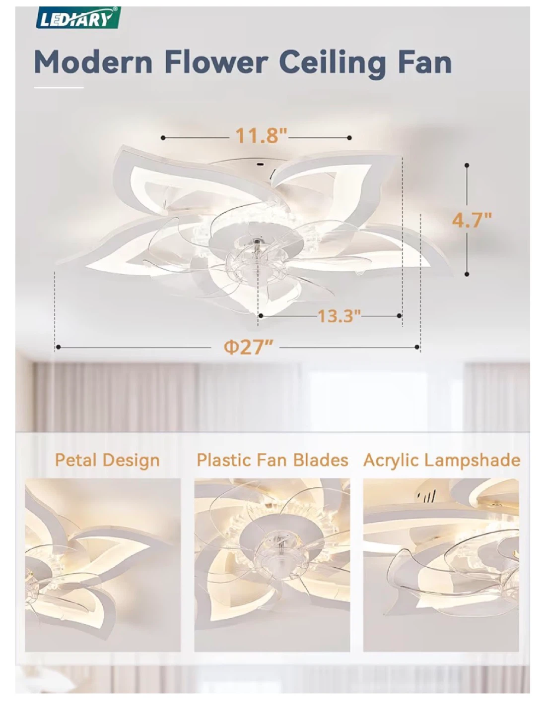 LEDIARY Modern Flower Ceiling Fan with Light - 27 Inch 27F - photo 5