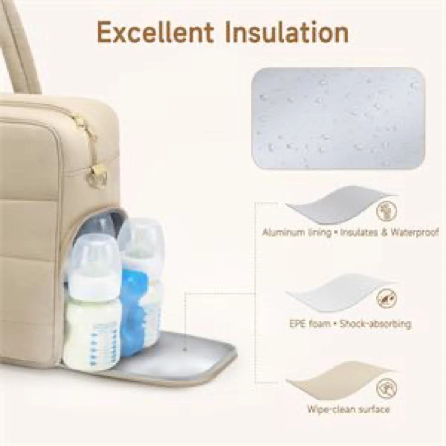 Beige Insulated Diaper Bag with Cooler and Breast Pump Pockets
