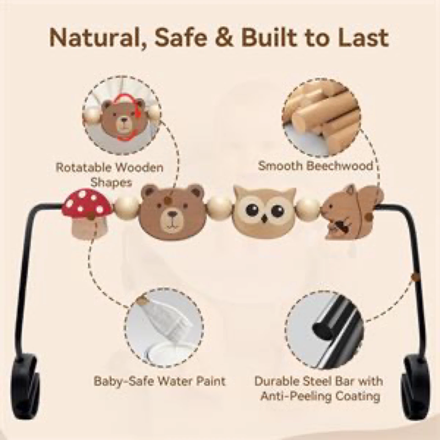 Baby Bouncer Toy Bar - Natural Wood Animals