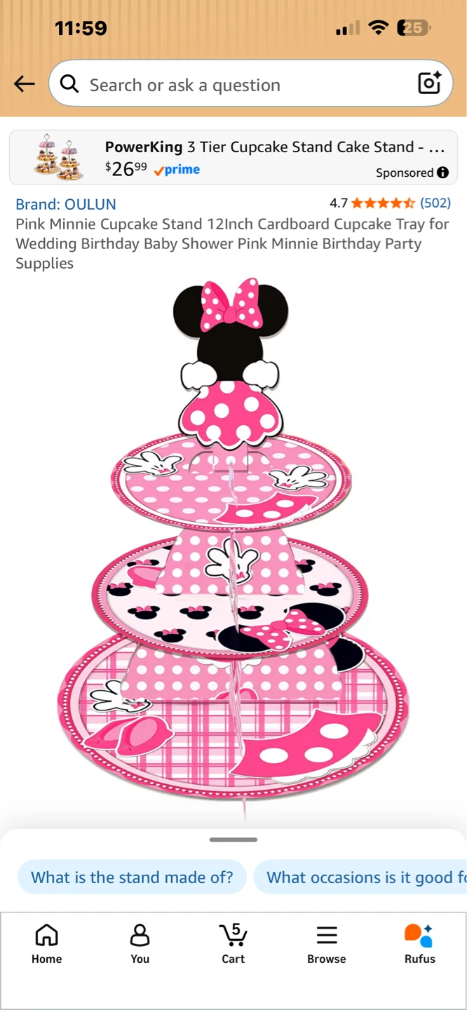 ⚽ Pink Minnie 3 Tier Cardboard Cupcake Stand