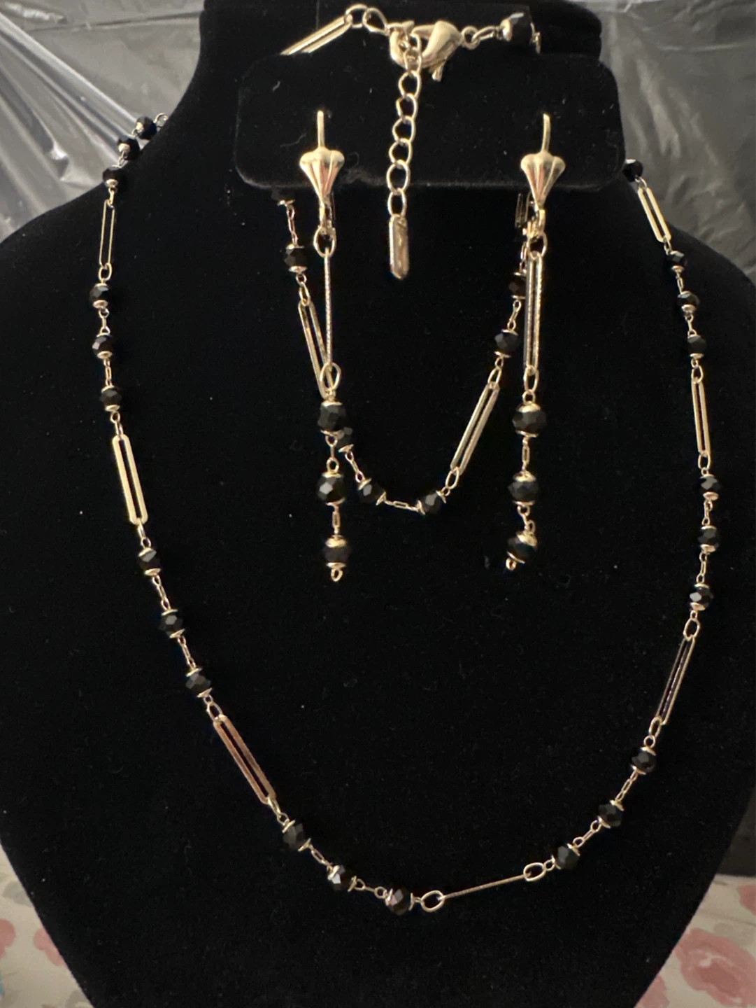 14kGold laminated Necklace and Earring Set with Black Beads