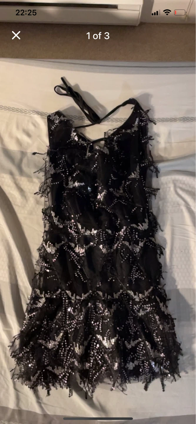 Black Sequined Fringe Halter Dress